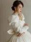 Vintage / Originale Ivoire Satin La Mariée Robe De Mariée 2021 Robe Boule Transparentes Col Haut Gonflée Manches Longues Dos Nu Perlage Perle Cathedral Train Volants