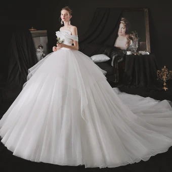 Minimalist White Bridal Wedding Dresses 2021 A Line Princess Strapless One Shoulder Short Sleeve Backless Cathedral Train Ruffle