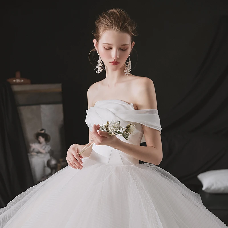 open lace back dress Unique One Shoulder Ruffles White Boho Wedding Dress Simple Beach Bridal Gown QW2349 US6 / Ivory main image 1