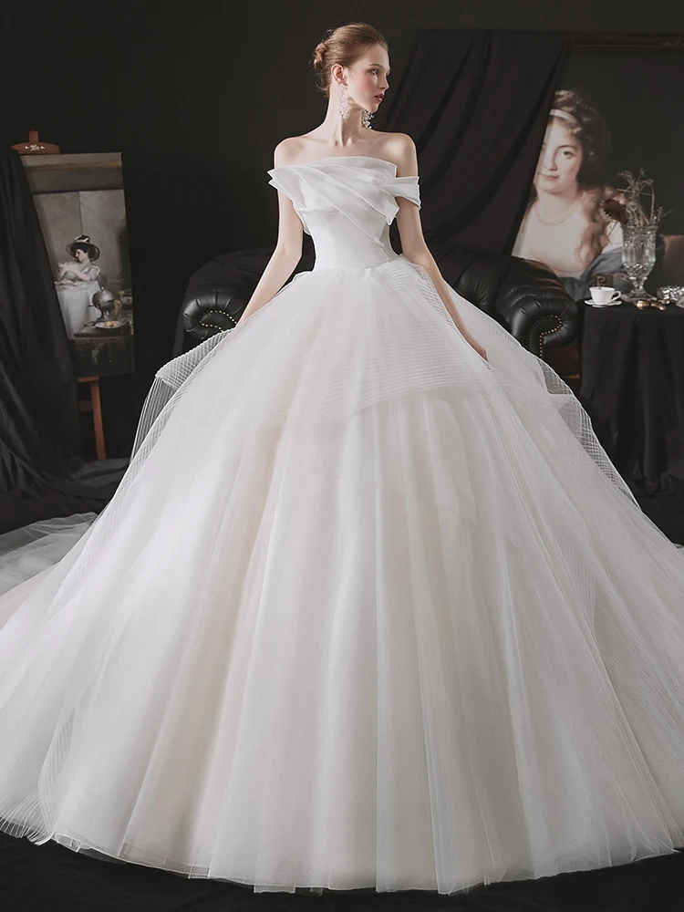 Minimalist White Bridal Wedding Dresses 2021 A Line Princess Strapless One  Shoulder Short Sleeve Backless Cathedral Train Ruffle