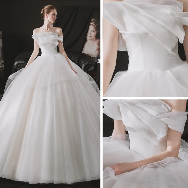 Minimalistisch Weiß Hochzeits Brautkleider / Hochzeitskleider 2021 A Linie Bandeau One-Shoulder Kurze Ärmel Rückenfreies Kathedrale Schleppe Rüschen