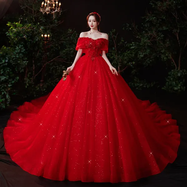 Chinese style Red Bridal Wedding Dresses 2021 Ball Gown Off-The-Shoulder Short Sleeve Backless Appliques Lace Beading Glitter Tulle Cathedral Train Ruffle