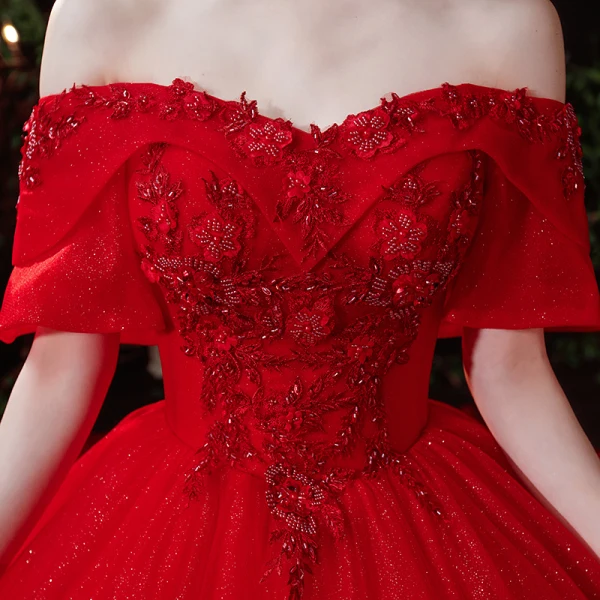 Kinesisk Stil Röd Brud Bröllopsklänningar 2021 Balklänning Av Axeln Korta ärm Halterneck Appliqués Spets Beading Glittriga / Glitter Tyll Cathedral Train Ruffle