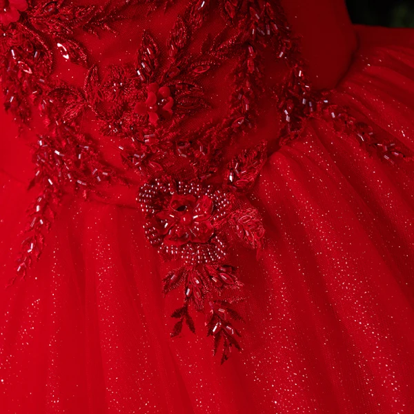 Kinesisk Stil Röd Brud Bröllopsklänningar 2021 Balklänning Av Axeln Korta ärm Halterneck Appliqués Spets Beading Glittriga / Glitter Tyll Cathedral Train Ruffle