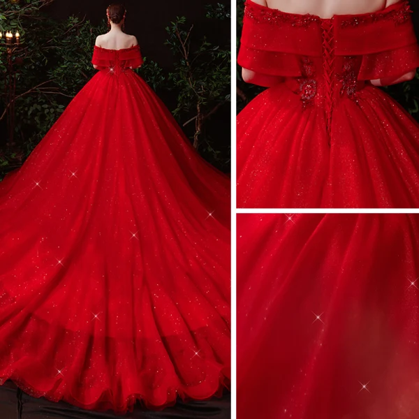 Kinesisk Stil Röd Brud Bröllopsklänningar 2021 Balklänning Av Axeln Korta ärm Halterneck Appliqués Spets Beading Glittriga / Glitter Tyll Cathedral Train Ruffle