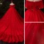 Kinesisk Stil Röd Brud Bröllopsklänningar 2021 Balklänning Av Axeln Korta ärm Halterneck Appliqués Spets Beading Glittriga / Glitter Tyll Cathedral Train Ruffle