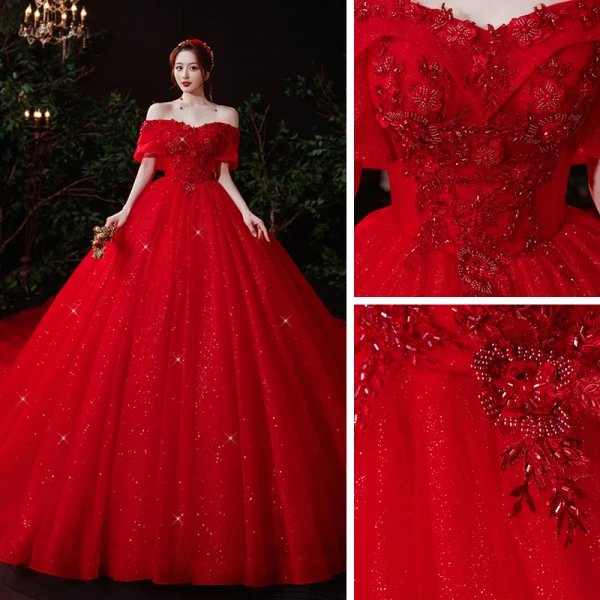 Kinesisk Stil Röd Brud Bröllopsklänningar 2021 Balklänning Av Axeln Korta ärm Halterneck Appliqués Spets Beading Glittriga / Glitter Tyll Cathedral Train Ruffle