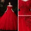 Kinesisk Stil Röd Brud Bröllopsklänningar 2021 Balklänning Av Axeln Korta ärm Halterneck Appliqués Spets Beading Glittriga / Glitter Tyll Cathedral Train Ruffle