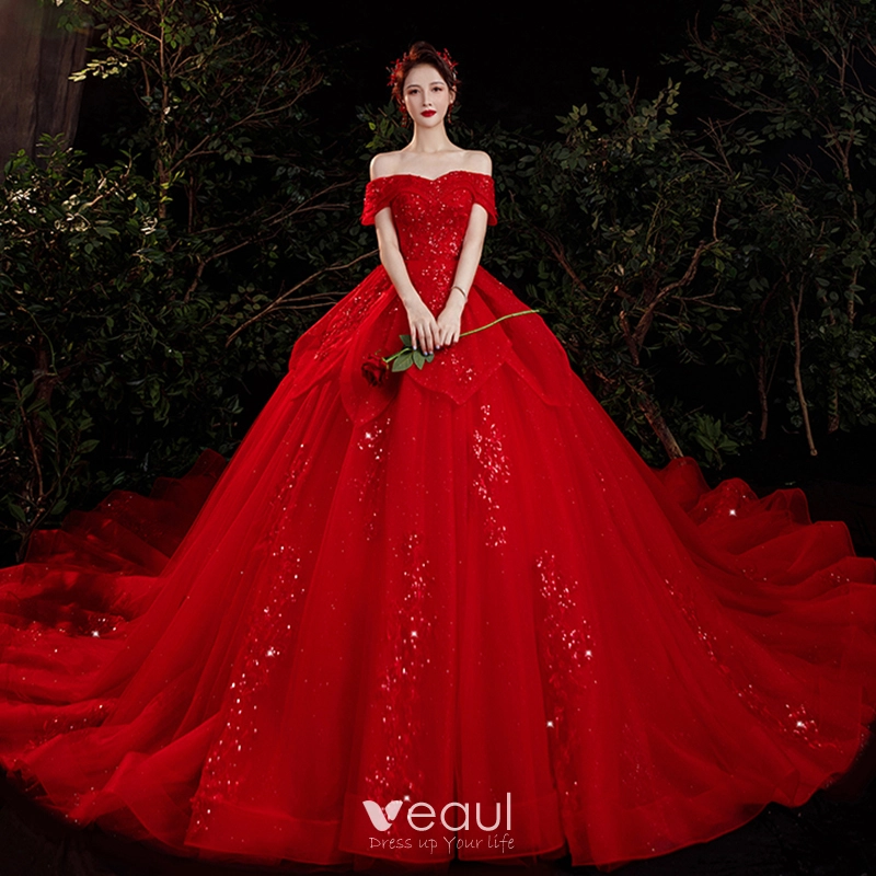 Red Tulle V-neck Long Sleeve Appliques Beading Wedding Dress Ball