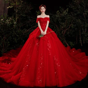 Chic Belle Rouge La Mariée Robe De Mariée 2021 Princesse De L 039 Épaule Manches Courtes Dos Nu Appliques En Dentelle Paillettes Perlage Glitter Tulle Cathedral Train Volants
