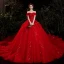 Schöne Rot Hochzeits Brautkleider / Hochzeitskleider 2021 A Linie Off Shoulder Kurze Ärmel Rückenfreies Applikationen Spitze Pailletten Perlenstickerei Glanz Tülle Kathedrale Schleppe Rüschen