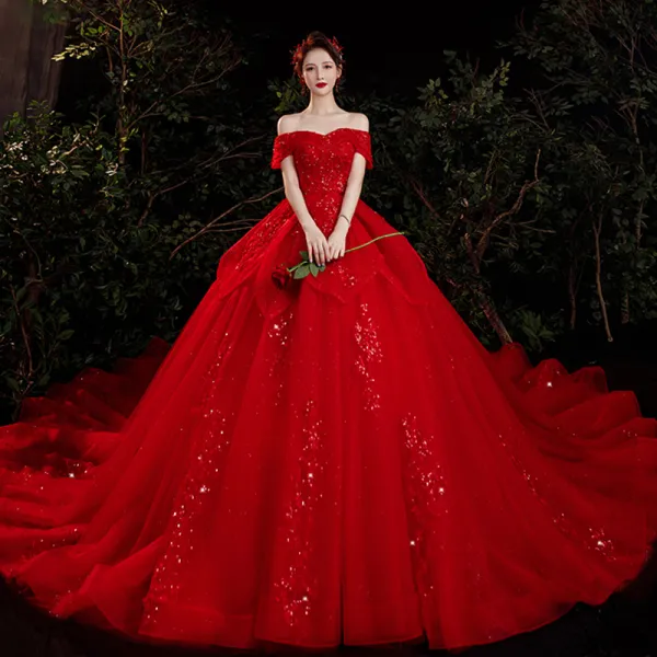 Piękne Czerwone ślubna Suknie Ślubne 2021 Princessa Przy Ramieniu Kótkie Rękawy Bez Pleców Aplikacje Z Koronki Cekiny Frezowanie Cekinami Tiulowe Trenem Katedra Wzburzyć