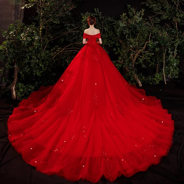Schöne Rot Hochzeits Brautkleider / Hochzeitskleider 2021 A Linie Off Shoulder Kurze Ärmel Rückenfreies Applikationen Spitze Pailletten Perlenstickerei Glanz Tülle Kathedrale Schleppe Rüschen