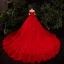 Schöne Rot Hochzeits Brautkleider / Hochzeitskleider 2021 A Linie Off Shoulder Kurze Ärmel Rückenfreies Applikationen Spitze Pailletten Perlenstickerei Glanz Tülle Kathedrale Schleppe Rüschen