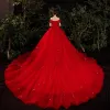 Piękne Czerwone ślubna Suknie Ślubne 2021 Princessa Przy Ramieniu Kótkie Rękawy Bez Pleców Aplikacje Z Koronki Cekiny Frezowanie Cekinami Tiulowe Trenem Katedra Wzburzyć