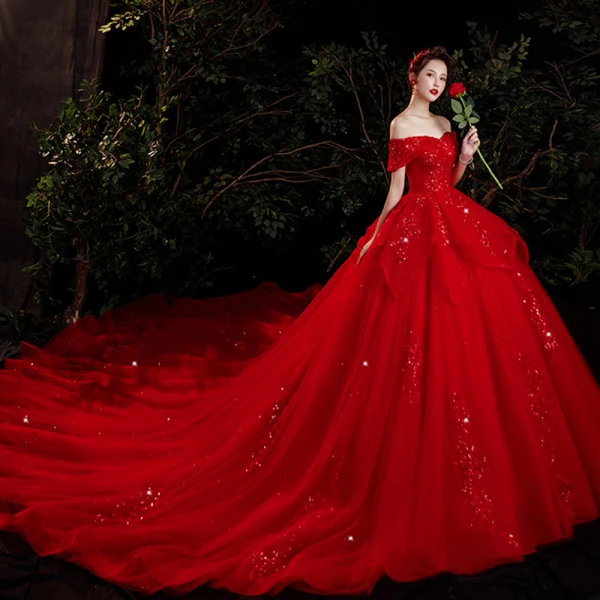 Schöne Rot Hochzeits Brautkleider / Hochzeitskleider 2021 A Linie Off Shoulder Kurze Ärmel Rückenfreies Applikationen Spitze Pailletten Perlenstickerei Glanz Tülle Kathedrale Schleppe Rüschen