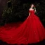 Schöne Rot Hochzeits Brautkleider / Hochzeitskleider 2021 A Linie Off Shoulder Kurze Ärmel Rückenfreies Applikationen Spitze Pailletten Perlenstickerei Glanz Tülle Kathedrale Schleppe Rüschen