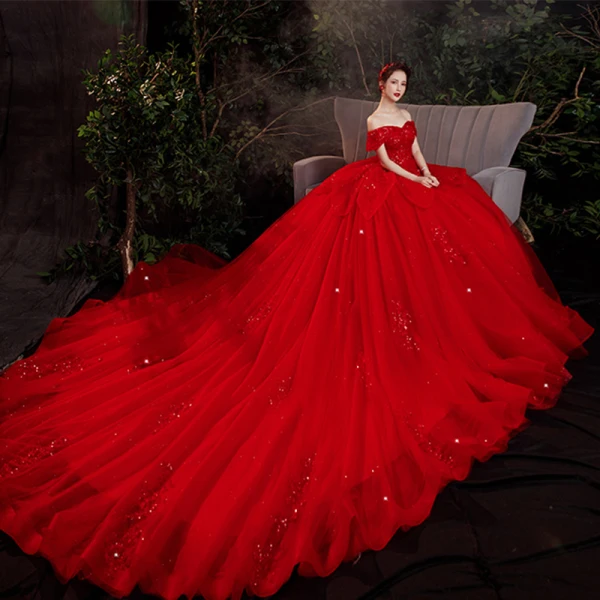 Chic / Beautiful Red Bridal Wedding Dresses 2021 A-Line / Princess Off-The-Shoulder Short Sleeve Backless Appliques Lace Sequins Beading Glitter Tulle Chic / Beautiful Red Bridal Wedding Dresses 2021 A-Line / Princess Off-The-Shoulder Short Sleeve Backless Appliques Lace Sequins Beading Glitter Tulle
