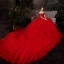 Schöne Rot Hochzeits Brautkleider / Hochzeitskleider 2021 A Linie Off Shoulder Kurze Ärmel Rückenfreies Applikationen Spitze Pailletten Perlenstickerei Glanz Tülle Kathedrale Schleppe Rüschen