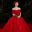 Schöne Rot Hochzeits Brautkleider / Hochzeitskleider 2021 A Linie Off Shoulder Kurze Ärmel Rückenfreies Applikationen Spitze Pailletten Perlenstickerei Glanz Tülle Kathedrale Schleppe Rüschen