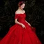 Schöne Rot Hochzeits Brautkleider / Hochzeitskleider 2021 A Linie Off Shoulder Kurze Ärmel Rückenfreies Applikationen Spitze Pailletten Perlenstickerei Glanz Tülle Kathedrale Schleppe Rüschen