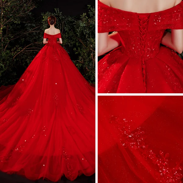 Schöne Rot Hochzeits Brautkleider / Hochzeitskleider 2021 A Linie Off Shoulder Kurze Ärmel Rückenfreies Applikationen Spitze Pailletten Perlenstickerei Glanz Tülle Kathedrale Schleppe Rüschen