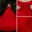 Schöne Rot Hochzeits Brautkleider / Hochzeitskleider 2021 A Linie Off Shoulder Kurze Ärmel Rückenfreies Applikationen Spitze Pailletten Perlenstickerei Glanz Tülle Kathedrale Schleppe Rüschen