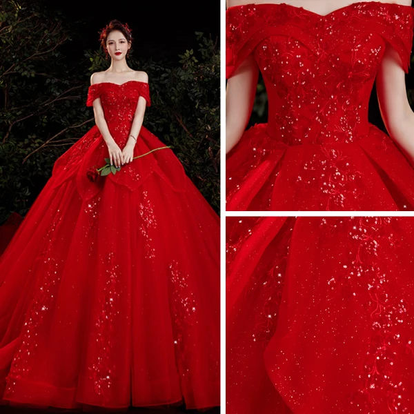 Schöne Rot Hochzeits Brautkleider / Hochzeitskleider 2021 A Linie Off Shoulder Kurze Ärmel Rückenfreies Applikationen Spitze Pailletten Perlenstickerei Glanz Tülle Kathedrale Schleppe Rüschen