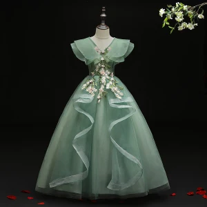 Flower Fairy Green Birthday Flower Girl Dresses 2021 Ball Gown V Neck Sleeveless Backless Appliques Lace Flower Beading Floor Length Long Ruffle