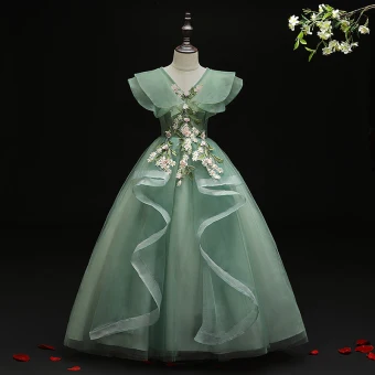Flower Fairy Green Birthday Flower Girl Dresses 2021 Ball Gown V Neck Sleeveless Backless Appliques Lace Flower Beading Floor Length Long Ruffle