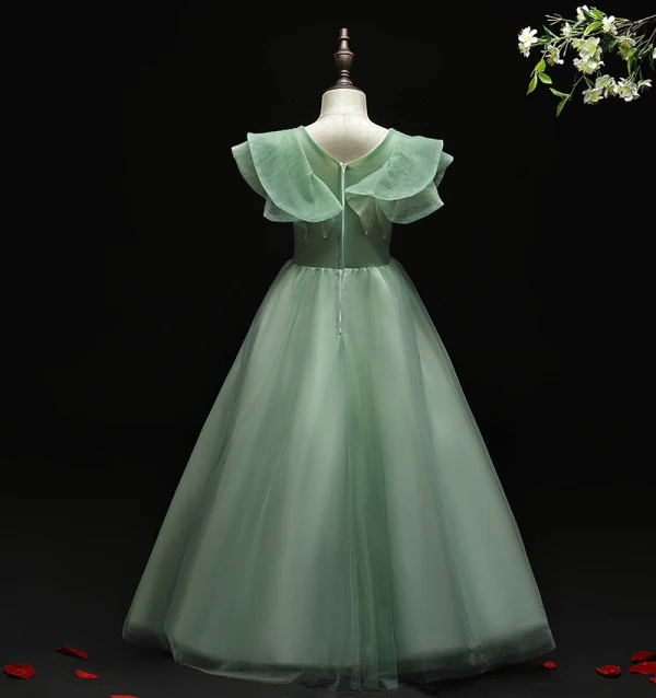 Flower Fairy Green Birthday Flower Girl Dresses 2021 Ball Gown V-Neck Sleeveless Backless Appliques Lace Flower Beading Floor-Length / Long Ruffle