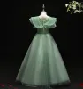 Wróżka Kwiatowa Zielony Urodziny Sukienki Dla Dziewczynek 2021 Suknia Balowa V-Szyja Bez Rękawów Bez Pleców Aplikacje Z Koronki Kwiat Frezowanie Długie Wzburzyć