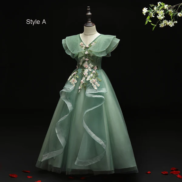 Flower Fairy Green Birthday Flower Girl Dresses 2021 Ball Gown V-Neck Sleeveless Backless Appliques Lace Flower Beading Floor-Length / Long Ruffle