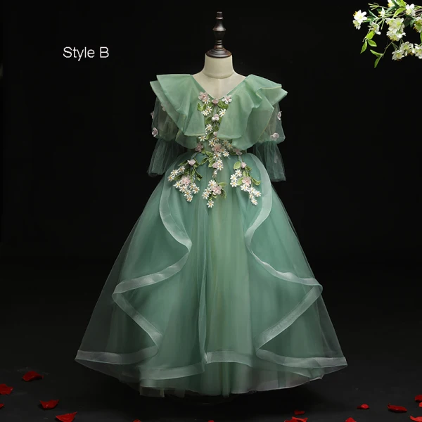 Flower Fairy Green Birthday Flower Girl Dresses 2021 Ball Gown V-Neck Sleeveless Backless Appliques Lace Flower Beading Floor-Length / Long Ruffle