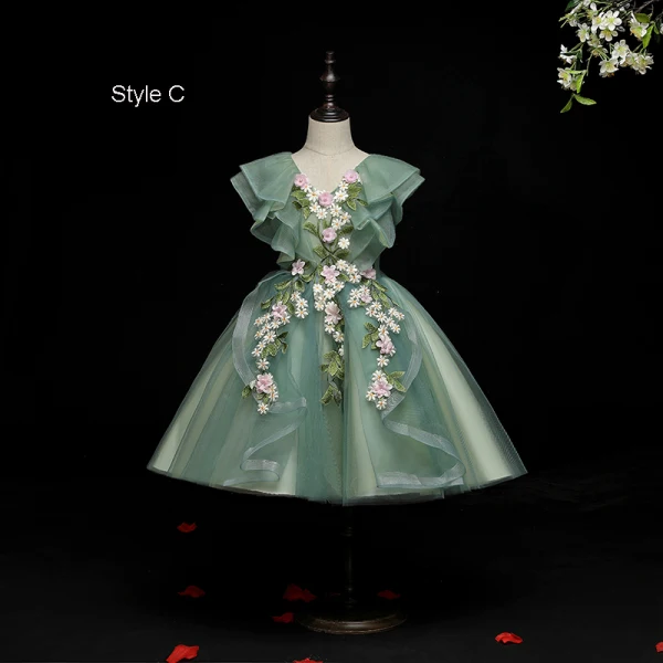 Flower Fairy Green Birthday Flower Girl Dresses 2021 Ball Gown V-Neck Sleeveless Backless Appliques Lace Flower Beading Floor-Length / Long Ruffle