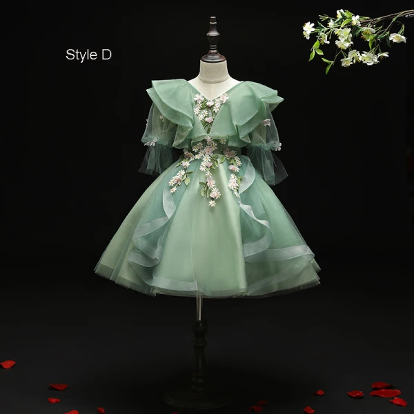 Flower Fairy Green Birthday Flower Girl Dresses 2021 Ball Gown V-Neck Sleeveless Backless Appliques Lace Flower Beading Floor-Length / Long Ruffle