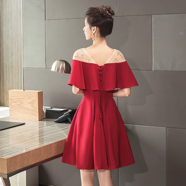 Modern / Fashion Red See-through Homecoming Graduation Dresses 2018 A-Line / Princess Scoop Neck Short Sleeve Beading Short Ruffle Backless Formal Dresses