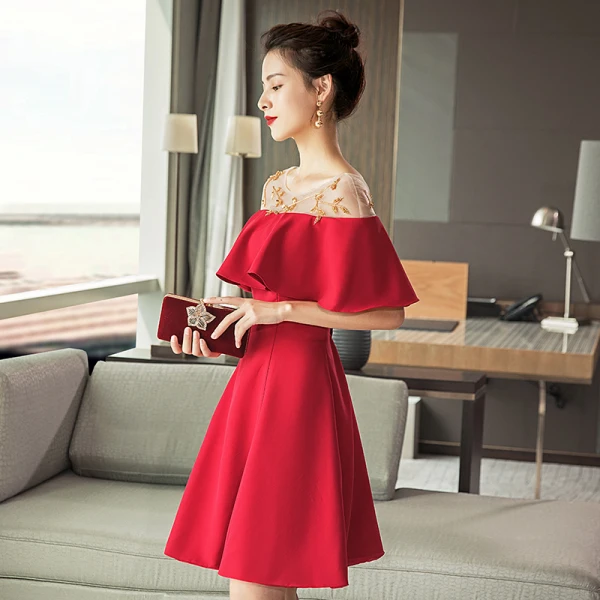 Modern / Fashion Red See-through Homecoming Graduation Dresses 2018 A-Line / Princess Scoop Neck Short Sleeve Beading Short Ruffle Backless Formal Dresses