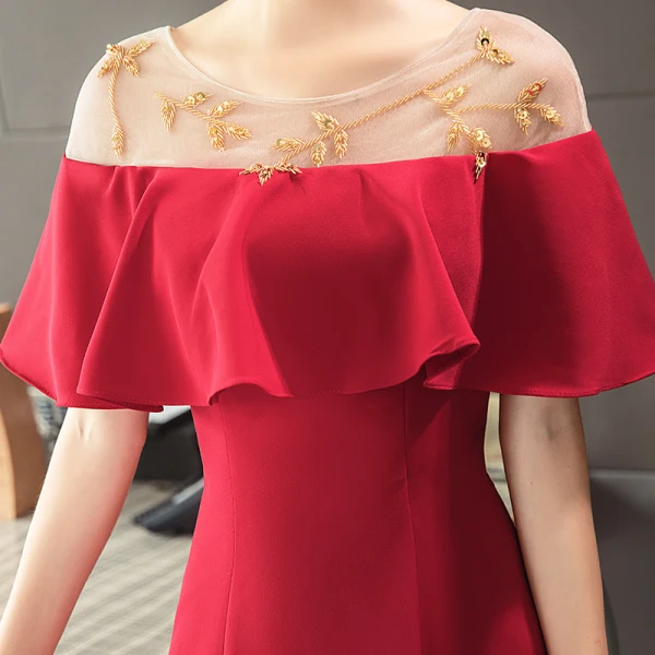 Modern / Fashion Red See-through Homecoming Graduation Dresses 2018 A-Line / Princess Scoop Neck Short Sleeve Beading Short Ruffle Backless Formal Dresses