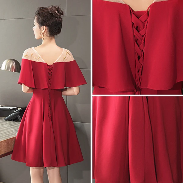 Modern / Fashion Red See-through Homecoming Graduation Dresses 2018 A-Line / Princess Scoop Neck Short Sleeve Beading Short Ruffle Backless Formal Dresses
