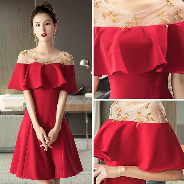 Modern / Fashion Red See-through Homecoming Graduation Dresses 2018 A-Line / Princess Scoop Neck Short Sleeve Beading Short Ruffle Backless Formal Dresses
