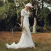 High-end Outdoor / Garden White Lace Wedding Dresses 2021 Trumpet / Mermaid Deep V-Neck Puffy Short Sleeve Backless Sweep Train Ruffle
