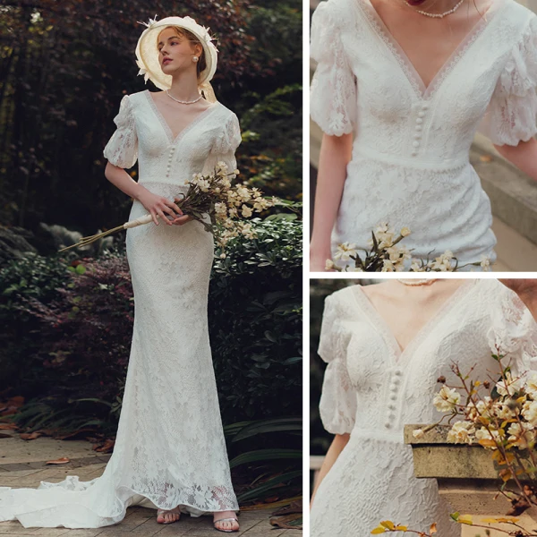 Haut de Gamme Jardin / Extérieur Blanche Dentelle Robe De Mariée 2021 Trompette / Sirène Col v profond Gonflée Manches Courtes Dos Nu Train De Balayage Volants