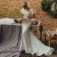 High End Garten / Im Freien Ivory / Creme Spitze Brautkleider / Hochzeitskleider 2021 Meerjungfrau Eckiger Ausschnitt Geschwollenes Kurze Ärmel Rückenfreies Perlenstickerei Perle Stoffgürtel Sweep / Pinsel Zug Rüschen