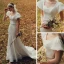 High End Garten / Im Freien Ivory / Creme Spitze Brautkleider / Hochzeitskleider 2021 Meerjungfrau Eckiger Ausschnitt Geschwollenes Kurze Ärmel Rückenfreies Perlenstickerei Perle Stoffgürtel Sweep / Pinsel Zug Rüschen