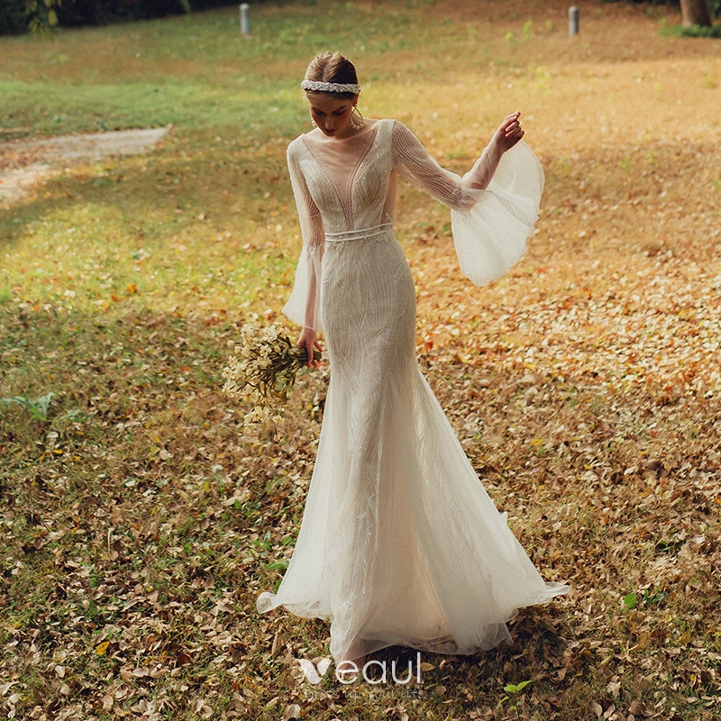 Illusion Outdoor Garden White Wedding Dresses 2021 Trumpet Mermaid See through Deep V Neck Long Sleeve Bell sleeves Backless Beading Sweep Train Ruffle