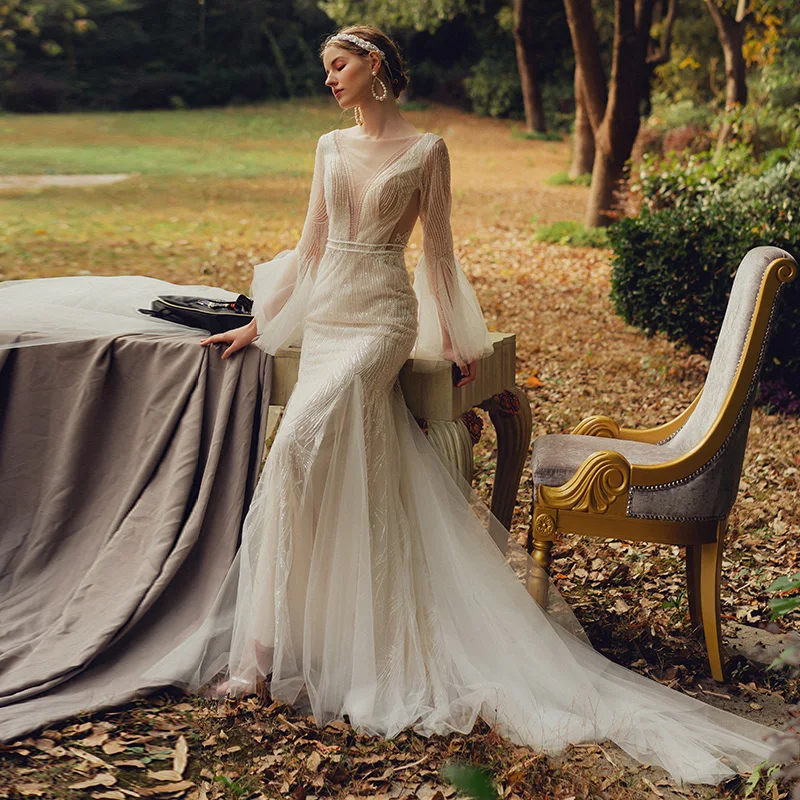 Illusion Outdoor Garden White Wedding Dresses 2021 Trumpet Mermaid See-Through Deep Long