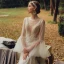 Illusion Garten / Im Freien Weiß Brautkleider / Hochzeitskleider 2021 Meerjungfrau Durchsichtige Tiefer V-Ausschnitt Lange Ärmel Glockenhülsen Rückenfreies Perlenstickerei Sweep / Pinsel Zug Rüschen
