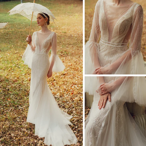 Illusion Garten / Im Freien Weiß Brautkleider / Hochzeitskleider 2021 Meerjungfrau Durchsichtige Tiefer V-Ausschnitt Lange Ärmel Glockenhülsen Rückenfreies Perlenstickerei Sweep / Pinsel Zug Rüschen