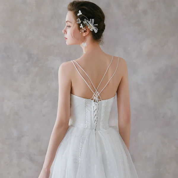 Affordable White Outdoor / Garden Wedding Dresses 2021 A-Line / Princess Spaghetti Straps Sleeveless Backless Appliques Lace Spotted Tulle Floor-Length / Long Ruffle